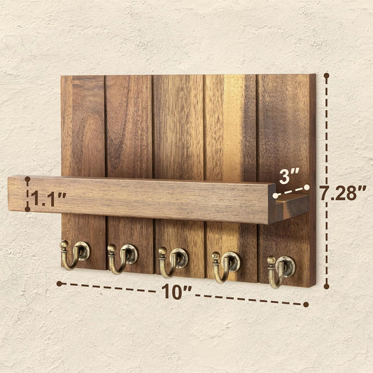 Rebee Vision Decorative Key Holder Wall Mount - Rustic Key Holder for Wall with Shelf and Mail Organizer for Living Room Decor - Home Essentials for Home Improvement (Brown, 3.54" x 10" x 7.28")