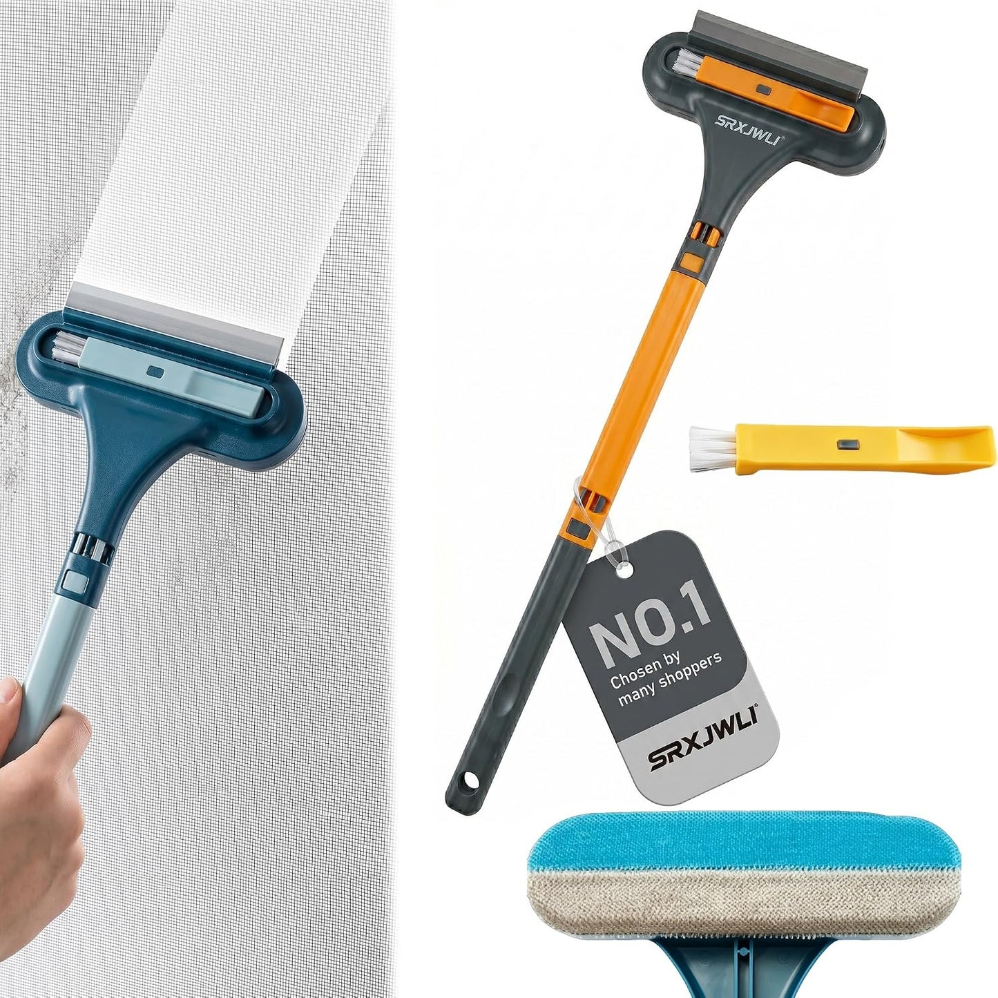 Window Screen Cleaner Tool Outdoor Mesh Cleaning Brush Full Crystal Glass Door LCD Track Hose Washer Windshield Clean 2-in-1 Multi-Purpose Double-Sided Kit with Vacuum Squeegee Handle(Blue)