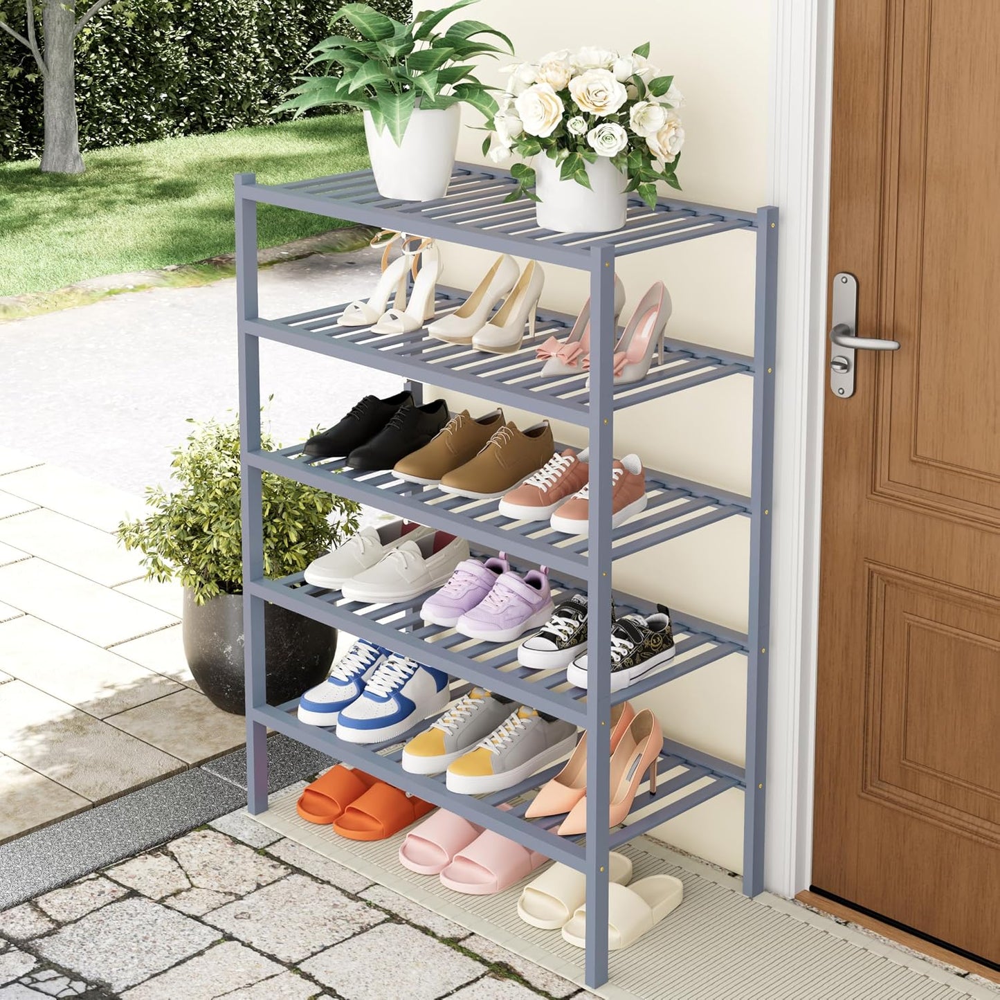 Smiry Bamboo Shoe Rack, 3 Tier Free Standing Wooden Shoe Organizer, Stackable Wood Shoe Storage Shelf for Closet, Entryway, 12 Vertical Slats, 2+1 Stack Standard Legs, 26.8"x11"x19.5", Natural