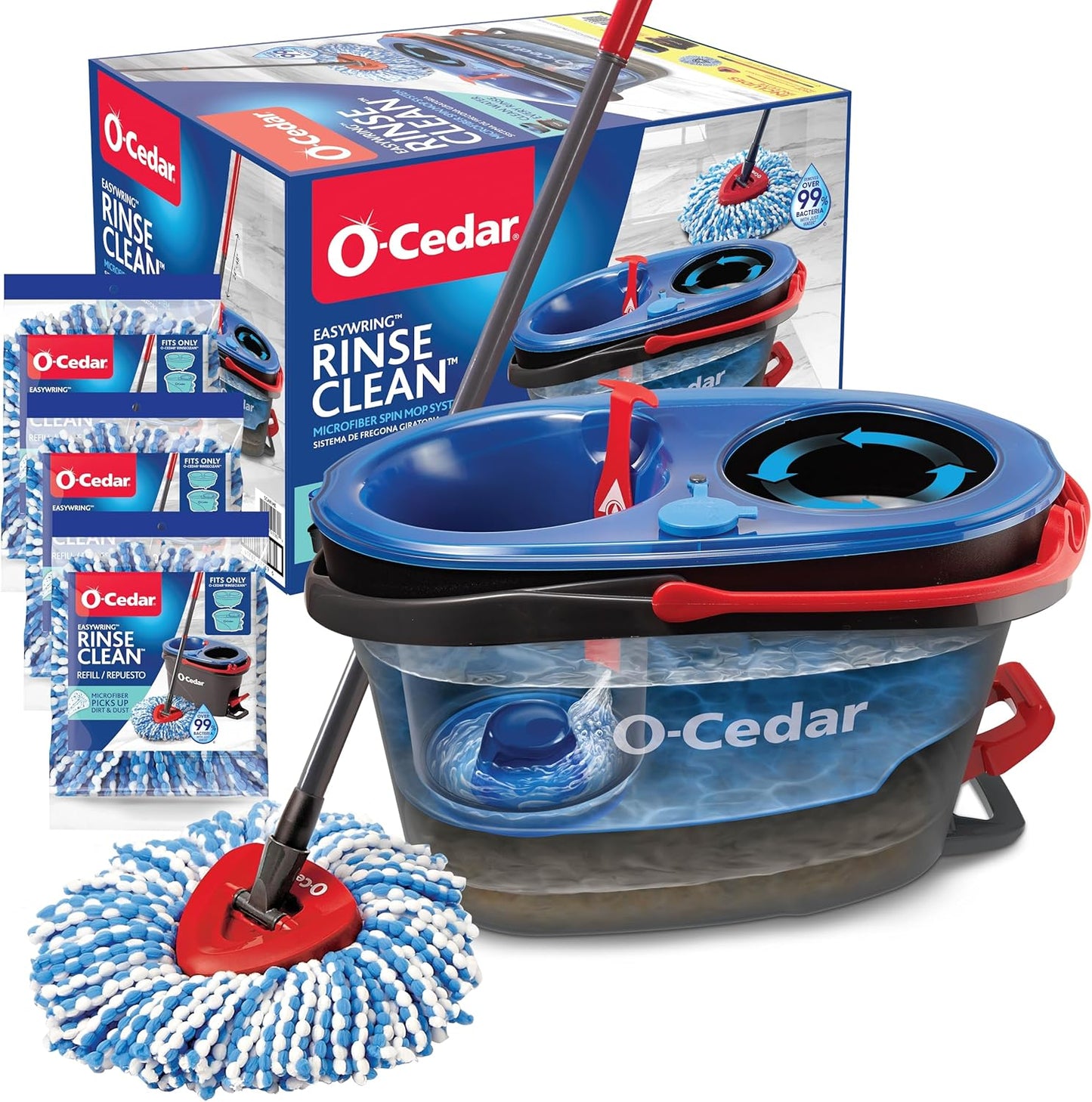 O-Cedar RinseClean Spin Mop & Bucket System + 2 Extra Mop Heads | Clean with Water | Removes 99% of Bacteria