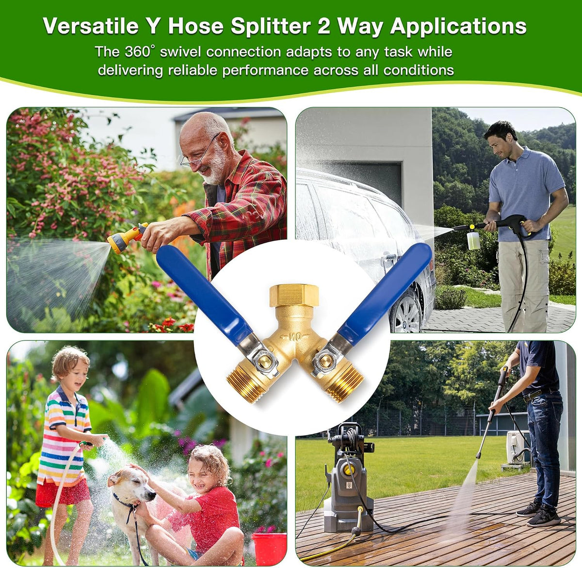 360° Swivel Garden Hose Splitter 2 Way, Solid Brass Water Hose Splitter with Dual Shutoff Valves, 3/4" GHT Thread Leak-Proof Hose Connector for Outdoor Faucet Lawn, Irrigation & Washing