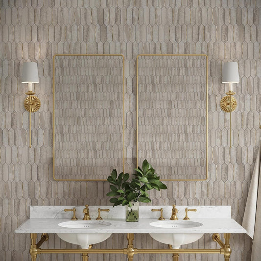 KASARO Peel and Stick Backsplash Long Hexagon Wall Tile, 10-Pieces PVC Self Adhesive Mosaic Tiles, Marble Beige Slate with Vintage Gold Stripes Decorative for Kitchen, Bathroom and Fireplace