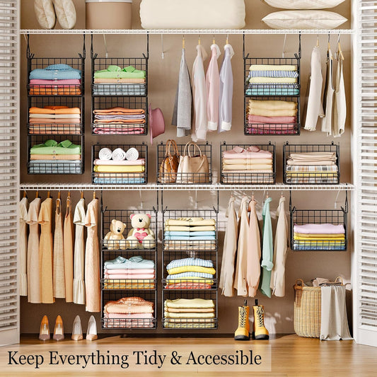 X-cosrack 3-Tier Hanging Closet Organizer, Laundry Room Organization | Space Saving Shelves with 1.65" Hook & 5 S-Hooks | Hanging Wire Baskets (12.4" W x 8.8" H x 10.24-11.8" D)