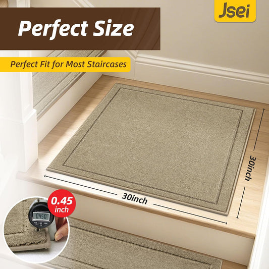 JSEI Stair Treads for Wooden Steps Indoor, 15-Pack Non Slip Stair Treads 30" x 8", Washable Polyester Stair Mats with TPE Backing, Low Profile Stair Rugs for Kids, Seniors and Dogs, Brown