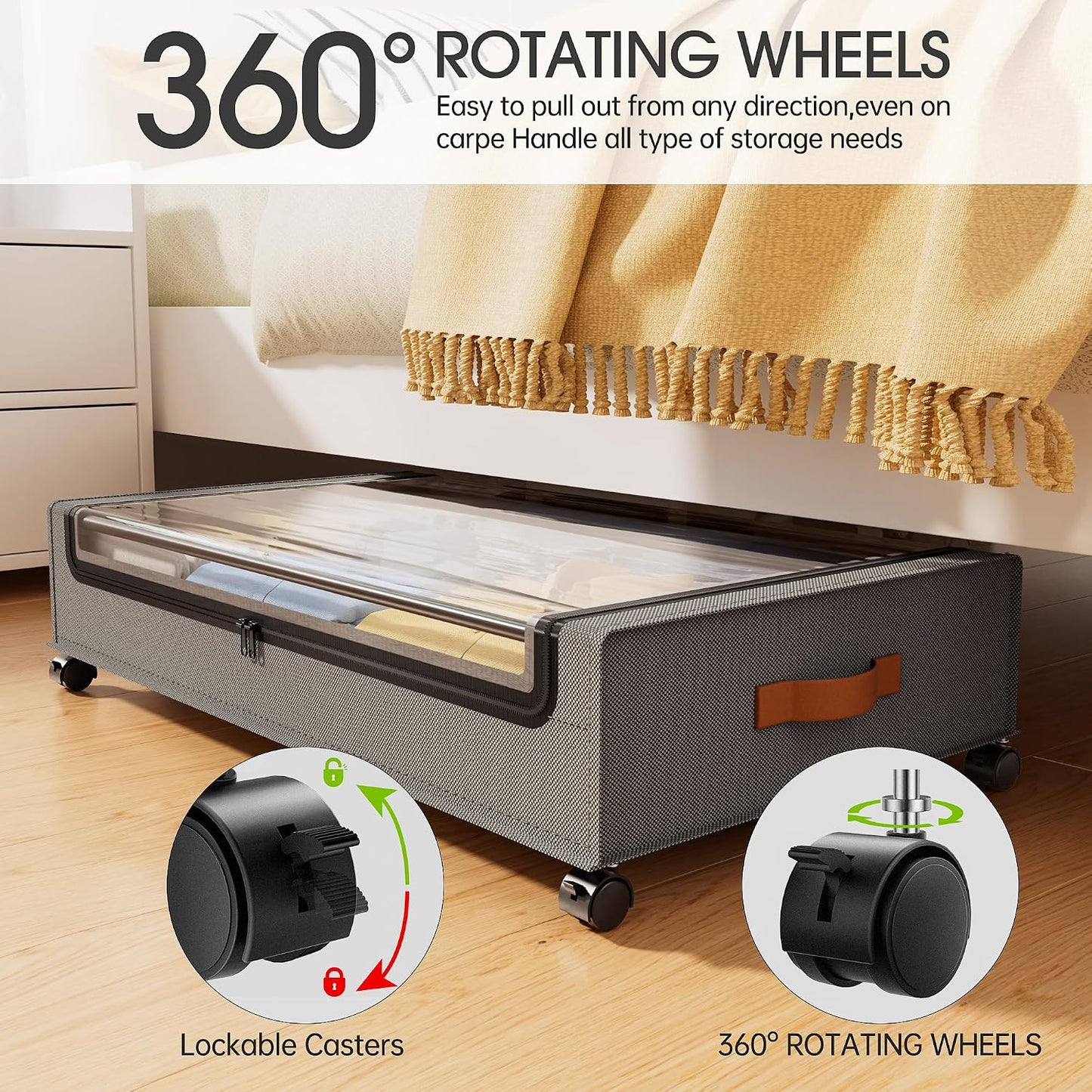 Yecaye Under Bed Storage with Wheels, 2 Pack Under Bed Storage Containers, 60L Underbed Shoe Storage with Clear Window & Label, Rolling Under Bed Metal Drawer for Clothes, Shoes, Books, Blankets