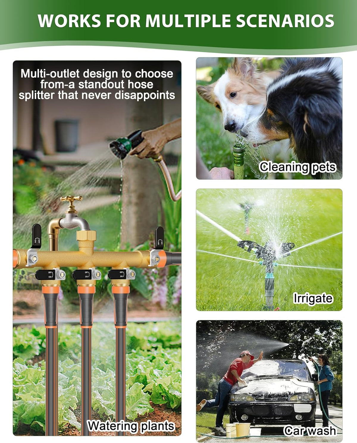 Hose Splitter 2 Way, Heavy Duty Brass Garden Hose Splitter, Water Hose Bib Spigot Splitter with 0.59" Full Flow Ball Valve Outlet & Shut-Off Valve 3/4'' Connector Outdoor Water Faucet Adapter