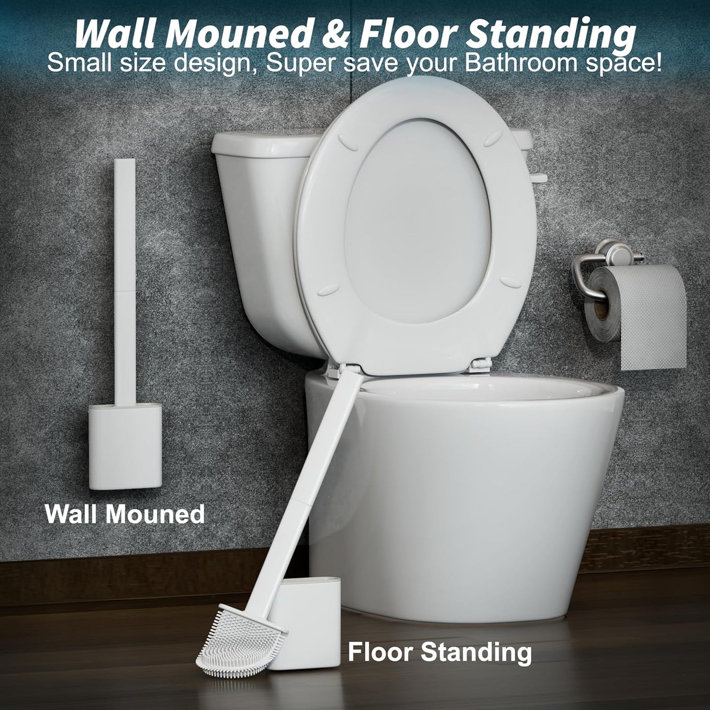Silicone Toilet Brushes & Holders – Pack of 2 Long Non-Slip Handle, Flexible Bristles for Easy Cleaning – Modern Drip-Free Base, Durable White Bathroom Toilet Brush Set with Holder