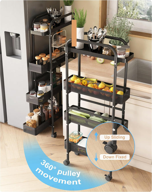 UMDONX Slim Storage Cart 5 Tier with Pull Out Basket Bathroom Organizer Rolling cart, Rolling Utility Cart Slide Out Organizer for Kitchen, Bathroom, Laundry Black