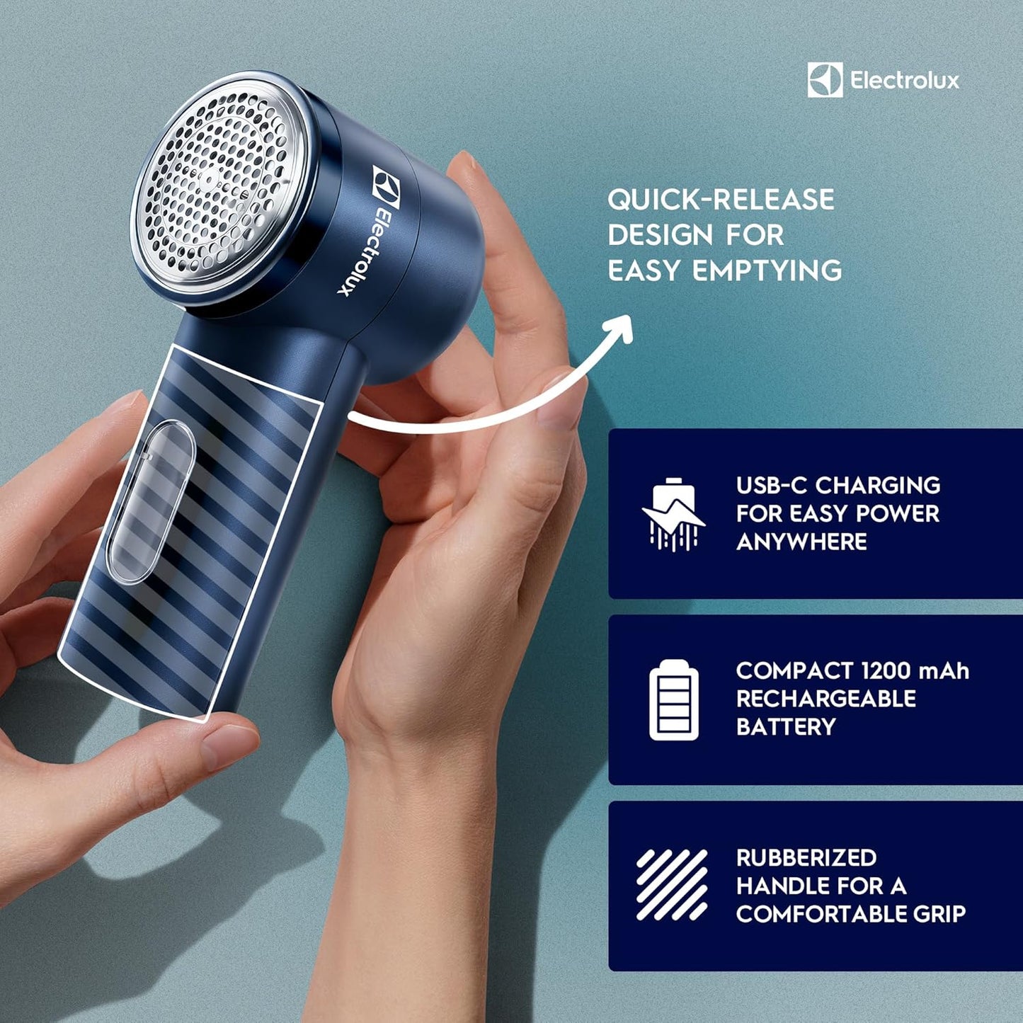 Electrolux Rechargeable Fabric Shaver | Compact Travel Lint Remover for Clothes & Furniture | Eliminates Fuzz & Pilling | 3-Speed Electric Lint Shaver with Type-C Fast Charging Port - Blue