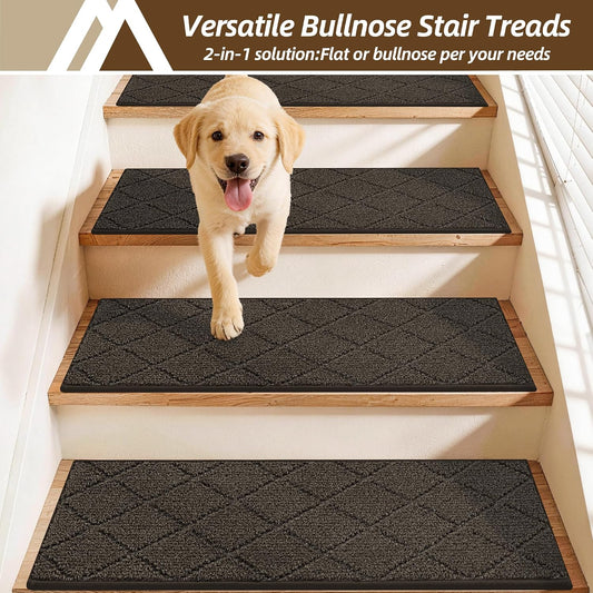 Self Adhesive Bullnose Carpet Stair Treads Non Slip,Grey,11"x30",3 Pack | Pet Friendly, Peel and Stick Stair Treads for Wooden Steps, Washable Stair Runner for Kids Elders, Edge Protection