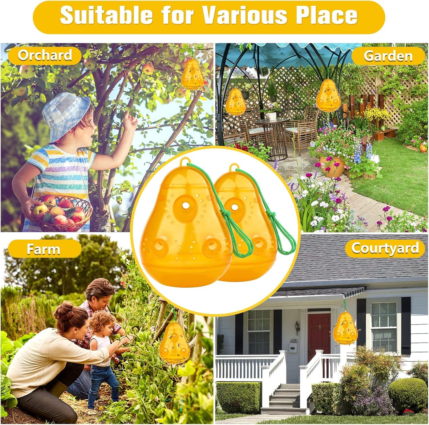 JNKNT Wasp Trap Bee Catcher, Outdoor Hanging Wasp Trap, Reusable Hornet & Yellow Jacket Trap, 2 Pack (Pear Shape - Orange)