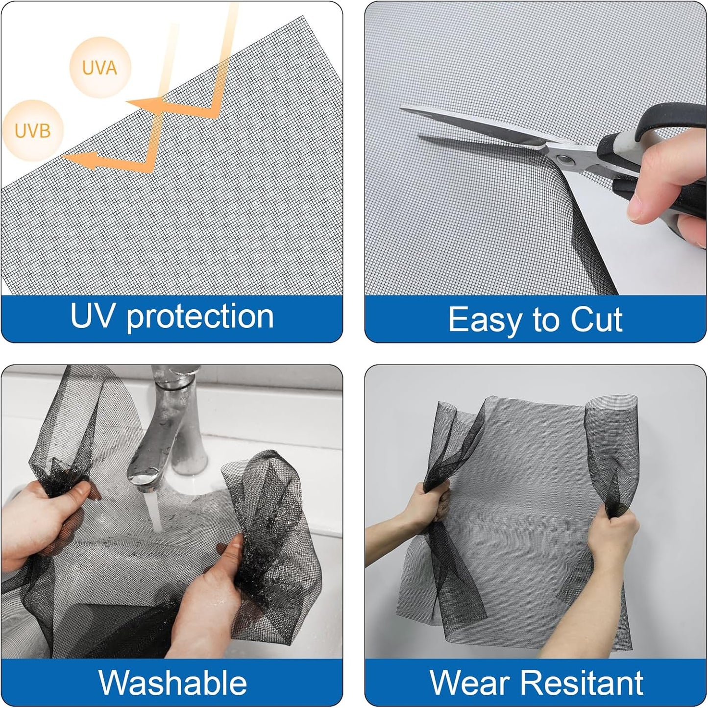 4PCS Window Screen Door Repair and Replacement Kit, 48"x118" Fiberglass Screen Mesh, 0.125" x 40' TPE Spline,Spline Roller and Remove Hook, Window Screen and Sliding Screen Door Replacement