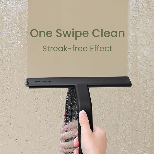 dancemoon JustHang Shower Squeegee for Glass Doors, All-in-One Award-Winning Silicone Squeegee with Built-in Hook for Bathroom, Window, Mirror, Tile Wall, Car, Streak-Free Cleaner Tool, 10-Inch Black