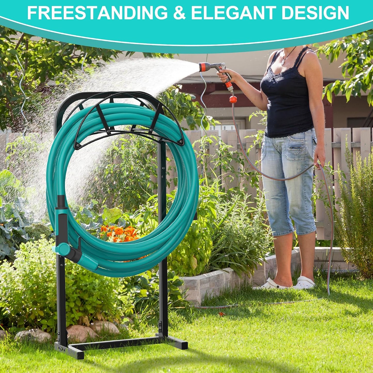 Meykwod Garden Hose Holder, Heavy Duty Water Hose Holder with 4 Spikes Holds 150ft Water Hose, Sturdy Freestanding Hose Stand Hose Hanger Hose Storage for Outside Yard Lawn (Metal, Black)