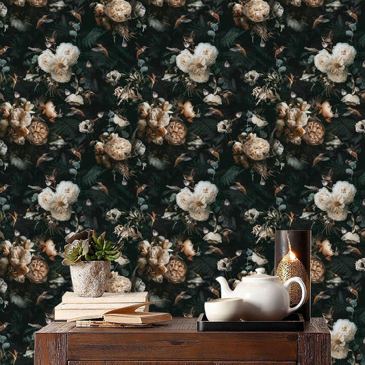 Floralplus Peel and Stick Wallpaper Removable Dark Floral Wallpaper 17.5 x 393 in Renter Friendly Wallpapers for Bedroom Accent Wall Black Floral Contact Paper Flower Wall Mural
