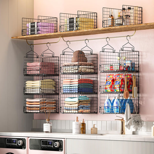 Sonyabecca 3-Tier Hanging Closet Organizers and Storage, Foldable Stackable Wire Basket Bins with 5 S Hooks, Space-Saving Hanging Closet Shelf for Clothing, Sweaters, Handbags, Hats,Purse
