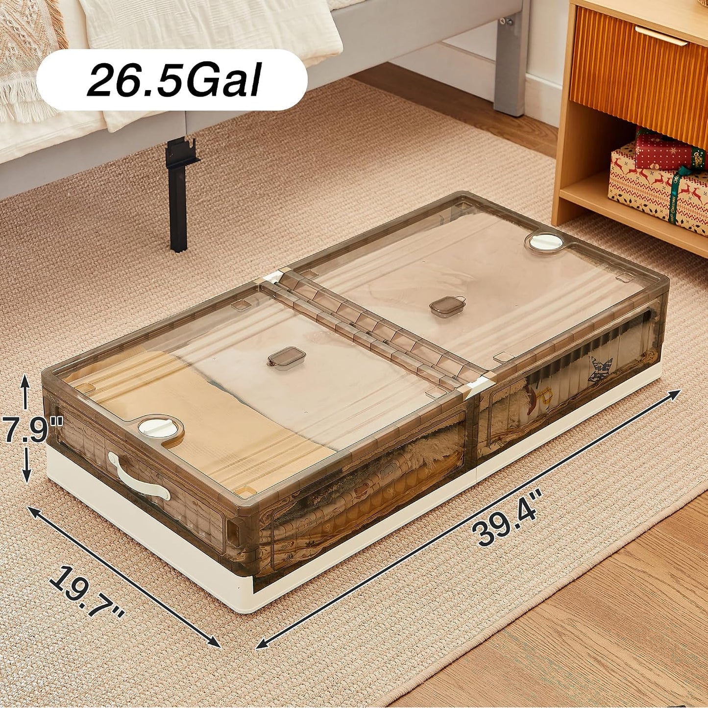 VECELO Under Bed Storage with Wheels, 2 Pack Stackable Under Bed Storage Containers, Underbed Storage Containers with Lids, Plastic Foldable Folding Box for Clothes Shoes, Grey