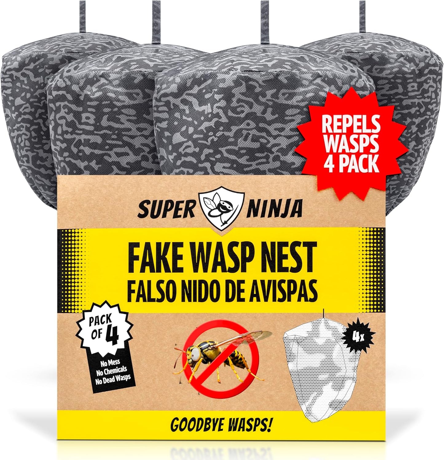 Super Ninja Fake Wasp Nest - 2 Pack, Wasp Nest Decoy for Outdoor Hanging, Yellow Jackets & Bee Repellent Outdoor, Waterproof & Tear-Resistant Deterrent for Patio & Garden