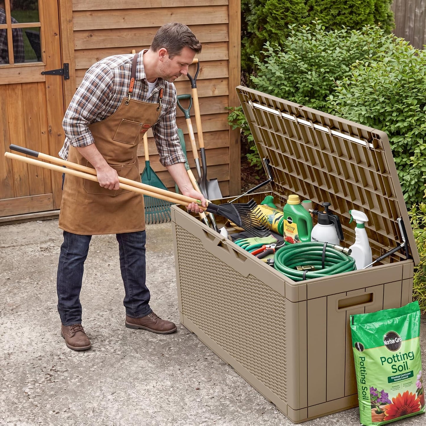 Flamaker Outdoor Storage Box 80 Gallon Resin Waterproof Deck Box Delivery Box with Wood Texture Large Storage Bin for Patio Cushions, (Grey)