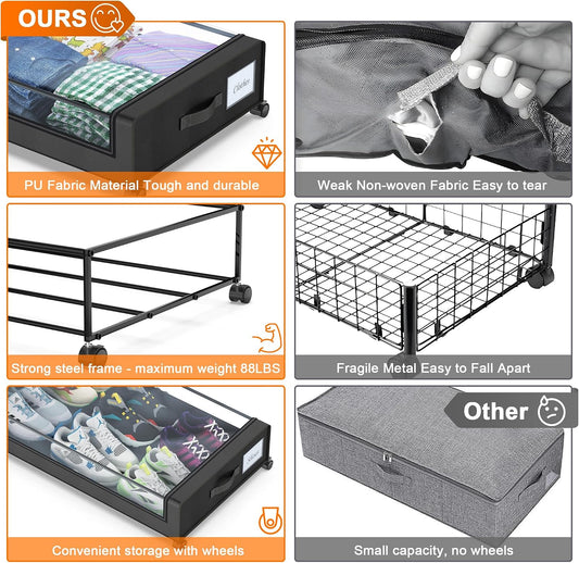 Under Bed Storage with Wheels, 2 Pack Under Bed Storage Containers with Clear Lids, XXL 65L Under Bed Storage Organizer, Rolling Under Bed Metal Drawer for Blanket, Clothes, Shoes (31 x 17 x 6.69 in)