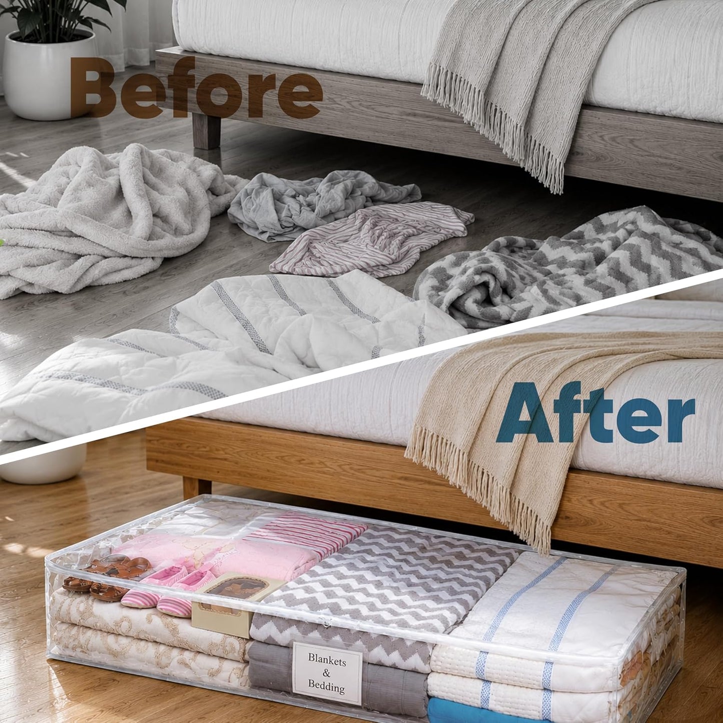 Masirs Clear Blanket Storage Bag (2-Pack) - Vinyl Clothing Organizers with Zipper & Label Pocket - Protects from Dust, Moisture & Dirt - Ideal for Underbed Storage Sheets, Comforters & Bedding