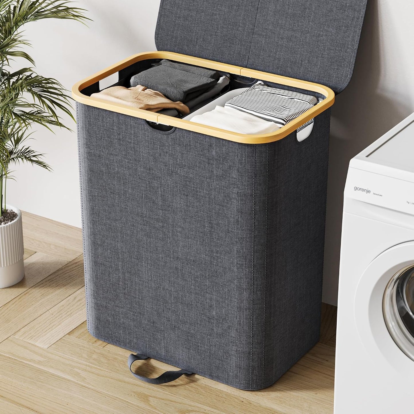 XLHOMO Double Laundry Hamper with Lid and Removable Bags, 150L Large Collapsible 2 Dividers Dirty Clothes Basket with Handles, Beige Double Laundry Basket Organizer for Bedroom,Laundry Room,College