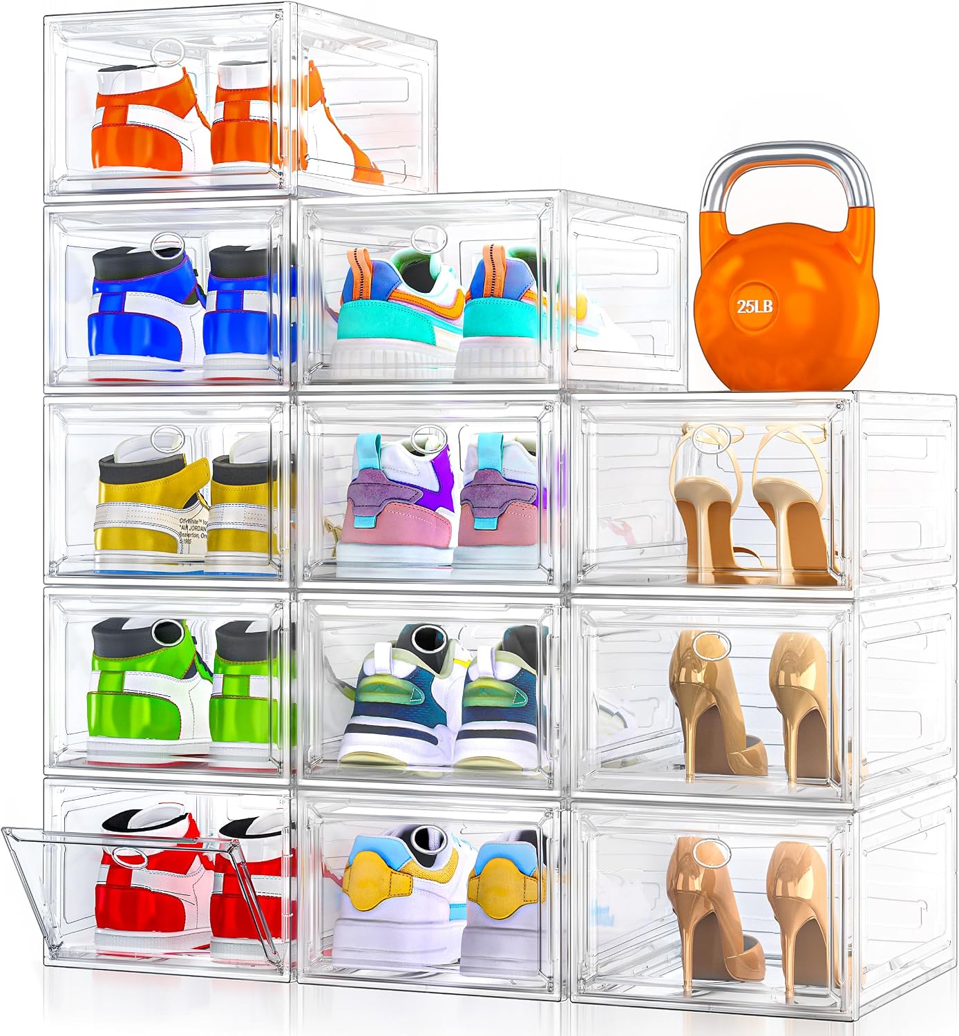 7 code Thicken & Sturdy Clear Shoe Storage Organizer with Magnetic Door, Stackable Boxes for Closet, Foldable Shoe Rack for Sneaker Boot Container, Plastic Shoe Cabinet Shoe Box 6 Pack, Black