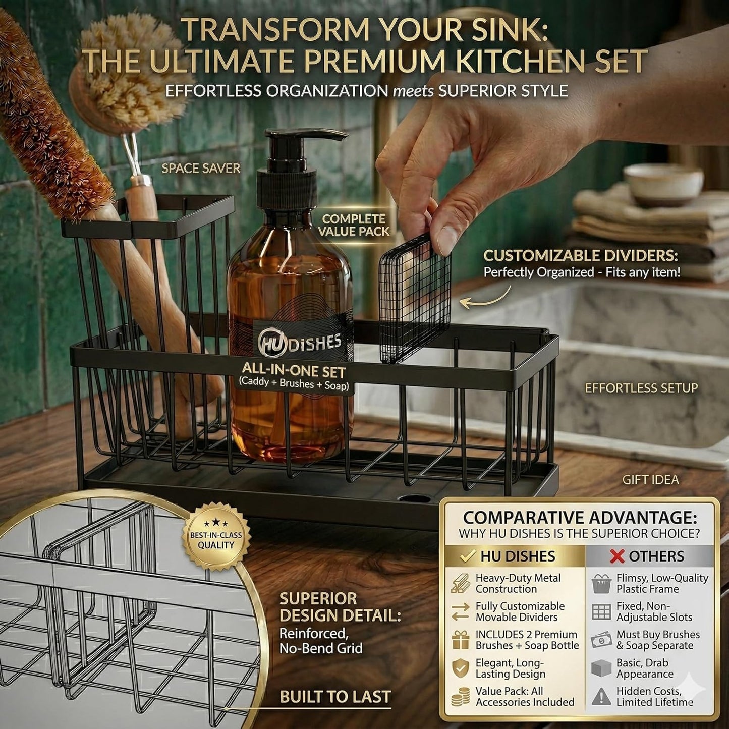 ✪®Premium Extra Large Kitchen Sink Organizer Caddy - Premium Stainless Steel Sponge Holder, Dish Brush Rack & Soap Dispenser Tray for Countertop Storage (Black)