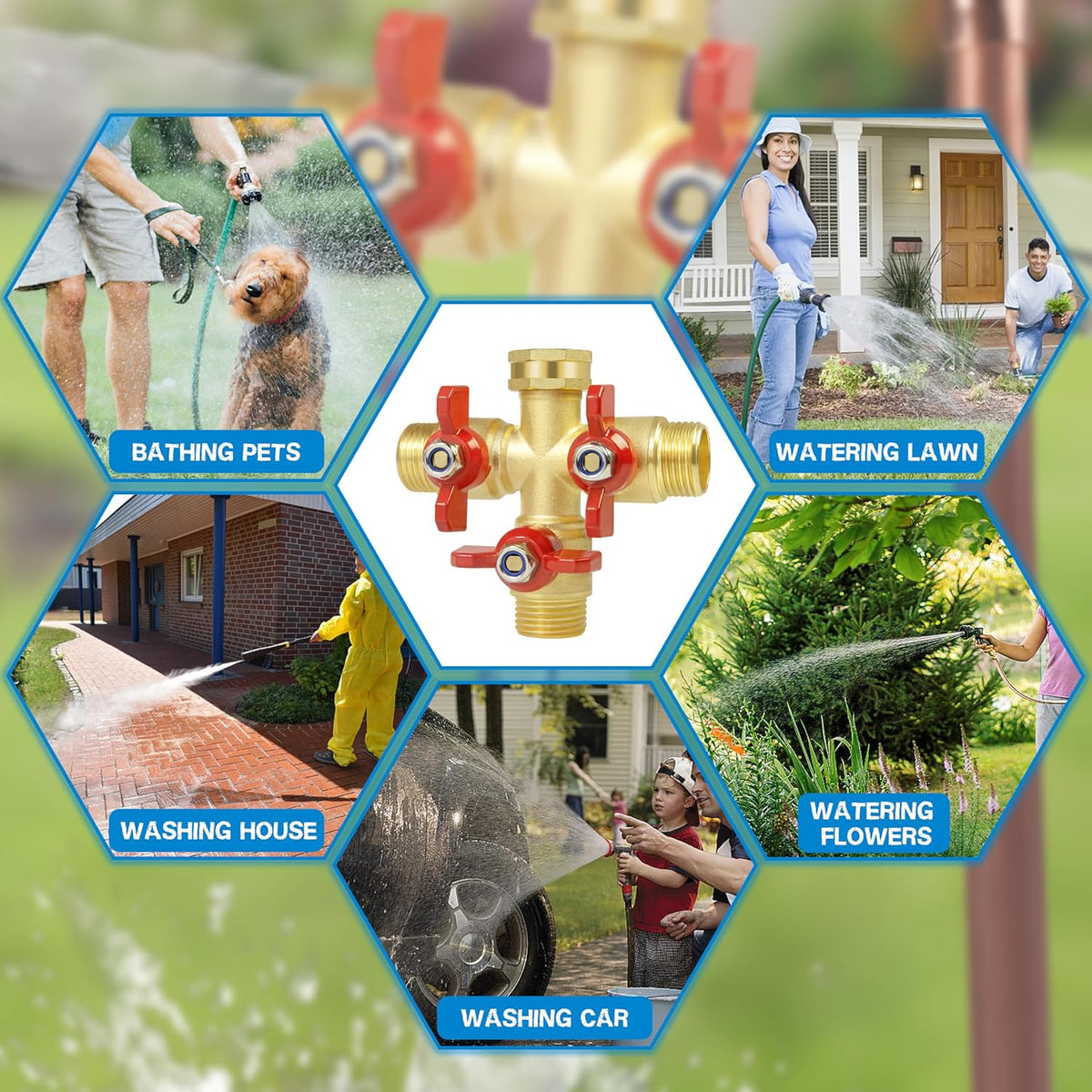 Hose Splitter 2 Way Heavy Duty, Upgrade Full Flow Brass Garden Hose Splitter Connector, Outdoor Water Spigot Splitter with Long Handle, Y Valve 3/4 Inch GHT Thread
