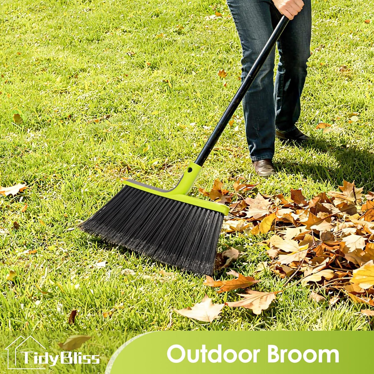 TidyBliss Outdoor Broom Heavy Duty, 56 inches Tall Commercial Soft Bristle Angle Brush for Sweeping Outside Patio Garden Porch Deck Shop Restaurant Garage House Lobby Hardwood Floors (Green)