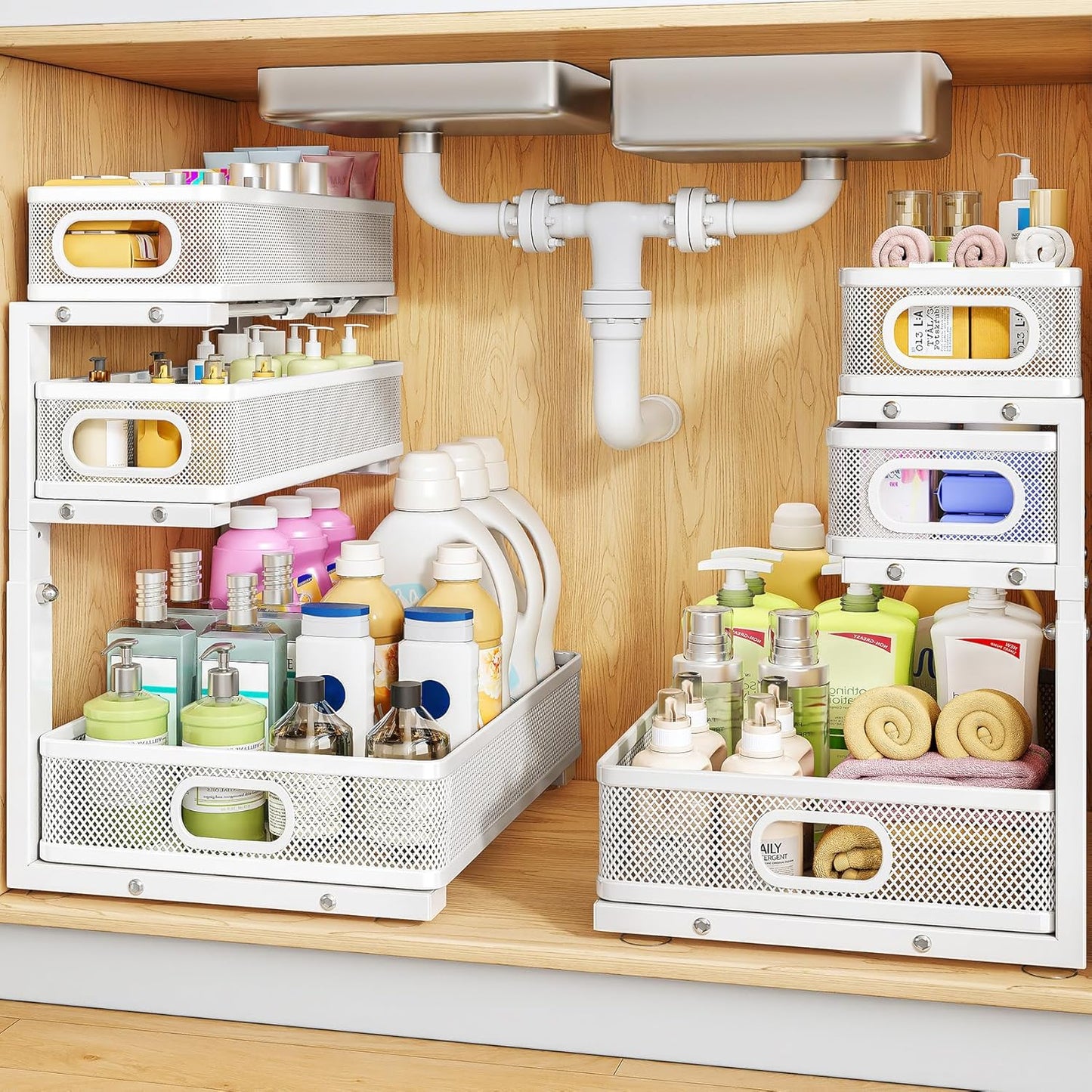 Under Sink Organizer, 2-Pack 3-Tier Thickened Metal Pull out Cabinet Organizer Shelf, Height Adjustable Slide out Storage Drawer Rack for Kitchen Bathroom Pantry Laundry Home Office Organization
