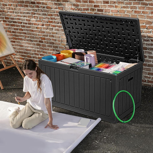 DWVO 100 Gallon Outdoor Storage Box, Large Deck Box Lockable Waterproof and UV Resistant Resin for Gardening Tools, Pool Supplies, Patio Cushions (Black)