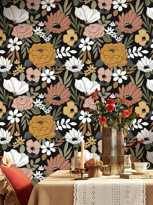 Floralplus Floral Wallpaper Peel and Stick Removable Wallpaper Boho Renter Friendly Dark Flower Wallpapers Contact Paper for Walls Cabinet Bedroom Bathroom Decor 17.5 in x 118 in