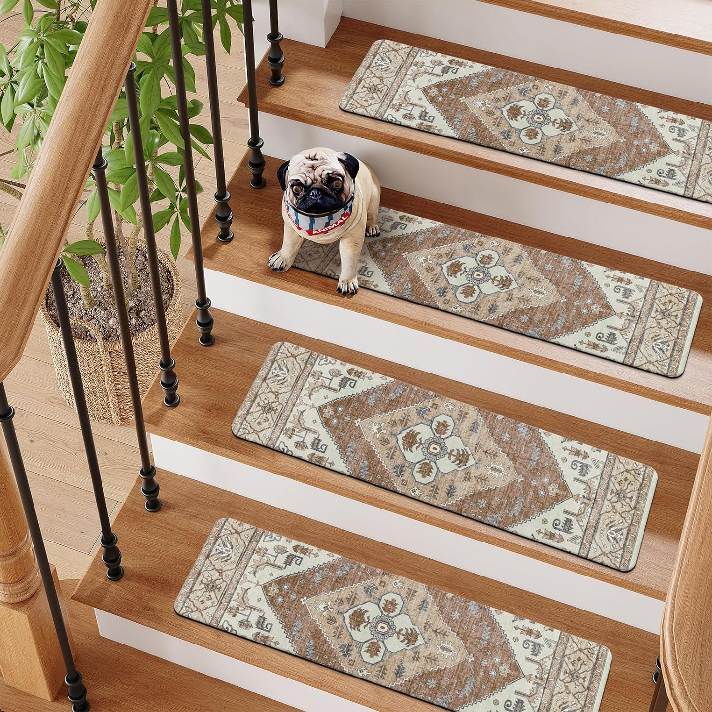 OJIA Non-Slip Carpet Stair Treads for Wooden Steps Set of 15, 30''X8'' Indoor Runner Resistant Rugs Rubber Safety Mats for Dogs, Kids & Elders, Stairway Grip