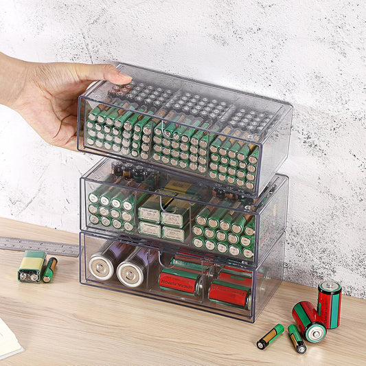 BTSKY 3 Pack Clear Acrylic Battery Storage Organizer for AA, AAA, 9V, C, D Batteries, 3-Drawer Storage Box Battery Holder for Common Types Batteries, Household Container(Batteries Not Included)