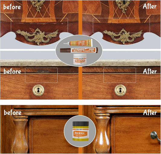 REALINN Wood Furniture Repair Kit- Set of 28 - Touch Up Markers, Fillers with Wood Putty - Repair Scratch, Cracks, Hole, Discoloration for Wooden Door, Floor, Table, Cabinet