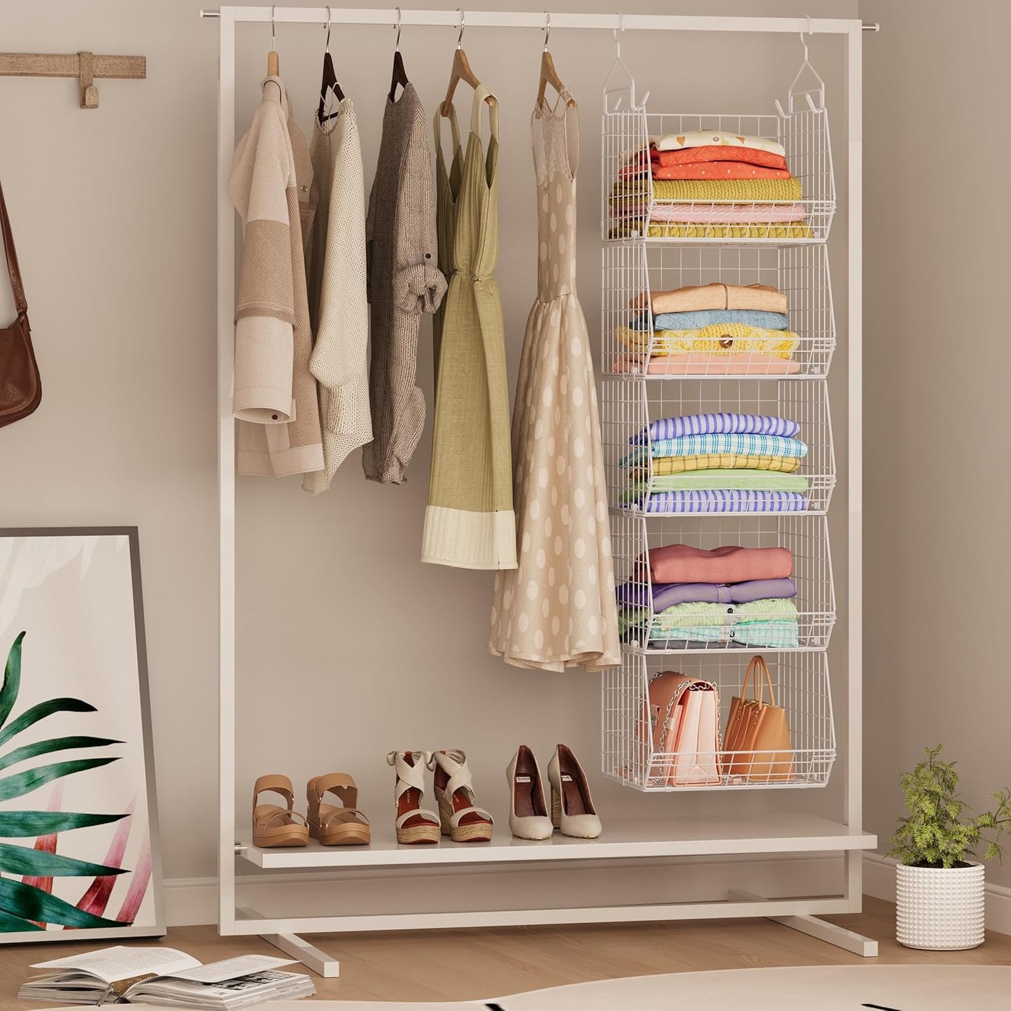 X-cosrack 5 Tier Closet Hanging Organizer, Clothes Hanging Shelves with 4 Hanging Hooks 5 S Hooks, Wire Storage Basket Bins, for Clothing Sweaters Shoes Handbags Clutches Accessories Patent Design