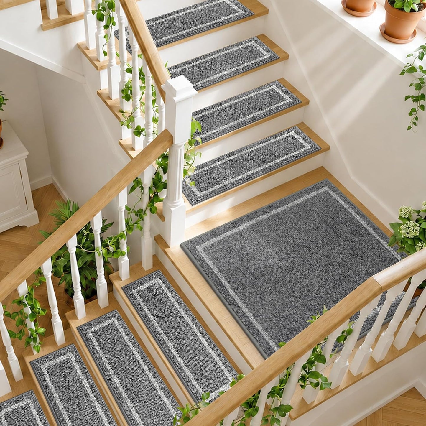 COSY HOMEER Soft Stair Treads Non-Slip Carpet Mat 28inX9in Indoor Stair Runners for Wooden Steps, Stair Rugs for Kids and Dogs, 100% Polyester TPE Backing 4pcs, Grey