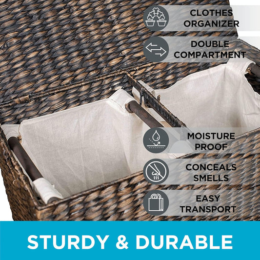 BirdRock Home Water Hyacinth Laundry Hamper Divided Interior (Espresso) | Eco-Friendly | Made of Hand Woven Hyacinth Fibers | Includes Two Removable Cotton Liners Bag | Wicker Laundry Basket with Lid
