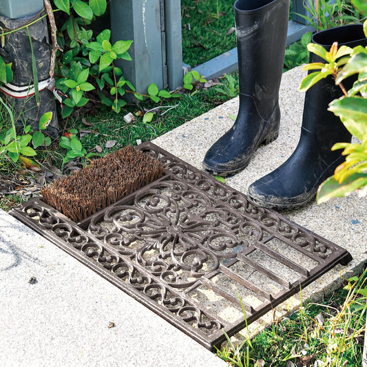 Sungmor Outdoor Cast Iron Doormat, Vintage Boot Scraper with Brushes, Rust Rectangle Shoe Scraper Mat, 22.8" Heavy Duty Decorative Shoe Cleaning Mat for Front Door, Entrance, Garden