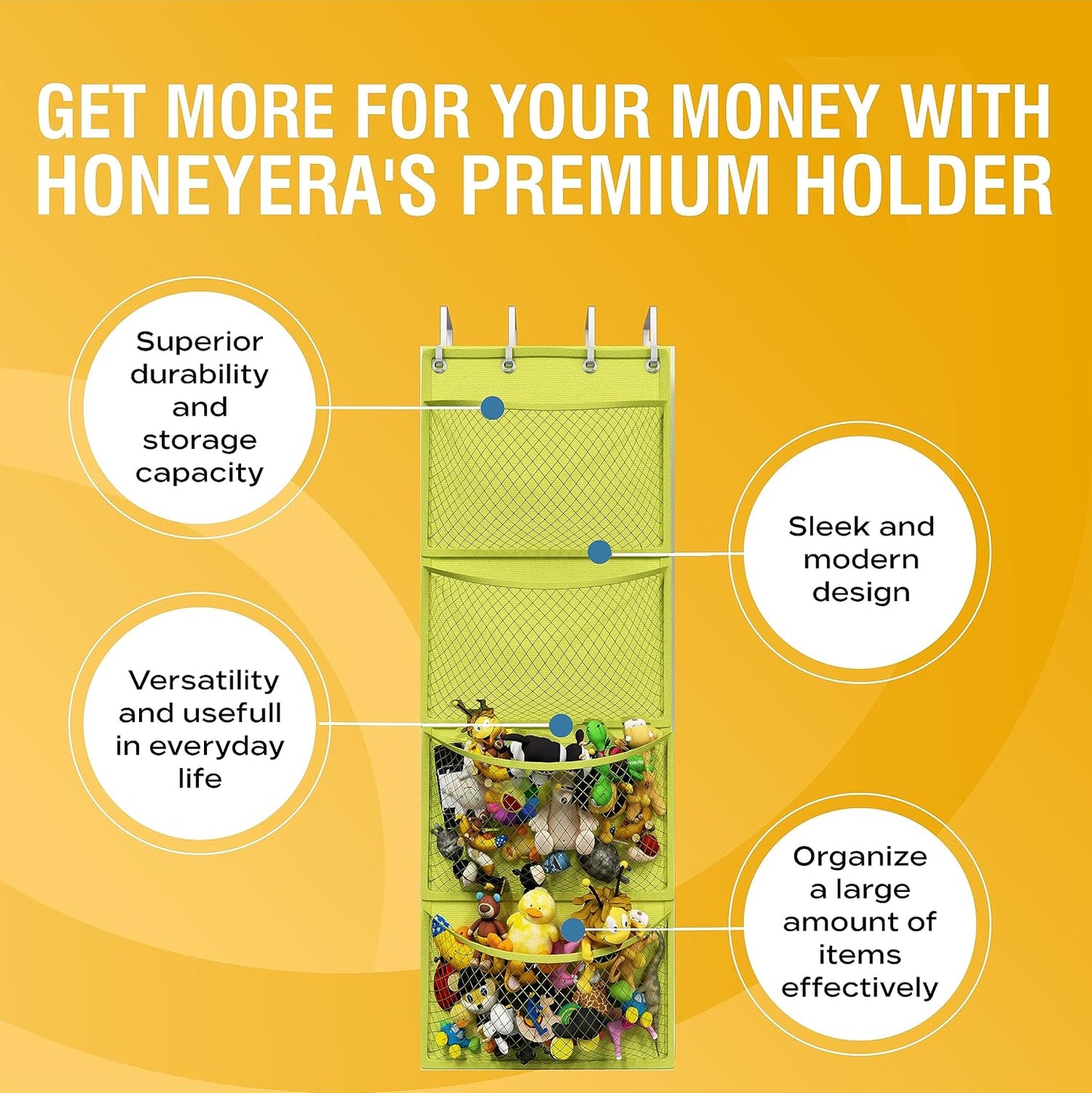 Honeyera The Original Stuffed Animal Storage (Patented) - Over Door Organizer for Stuffies, Baby Ideas Holder, Toy Plush Hammock Hanging Net Big Girls Toddler Large Bag Animals Stuffy Behind