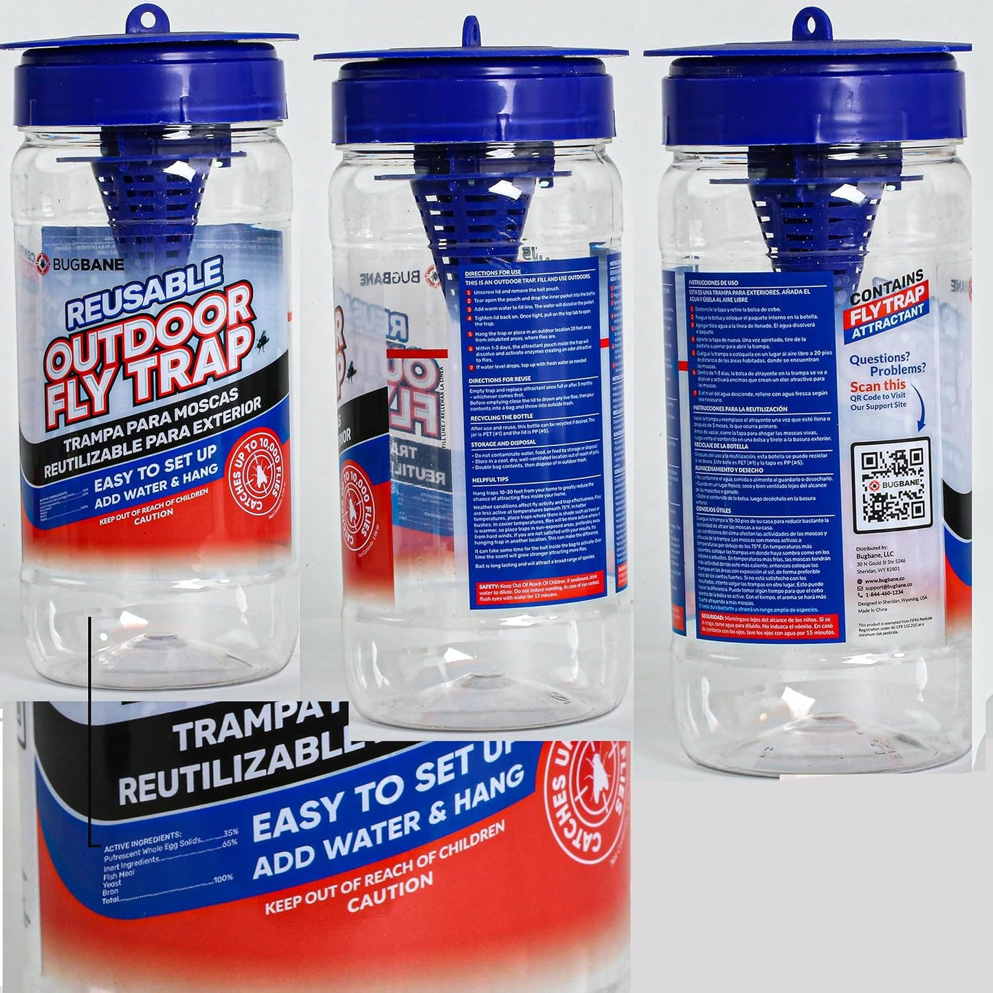 2 Fly Traps Outdoor Fly Trap for Patio with 4 Non-Toxic Dissolvable Bait Refills and 12 Sticky Ribbons. Reusable Hanging Bug Catcher Killer for All Filth Flies for Outside Bug Control Yard Ranch