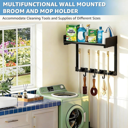 HUFAND Broom Holder Wall Mount, 27" Large Mop and Broom Organizer Wall Hanging with Top Storage Shelf & Vacuum Hook, Heavy Duty Iron Utility Rack for Laundry Room, Garage, Kitchen, Garden - Black