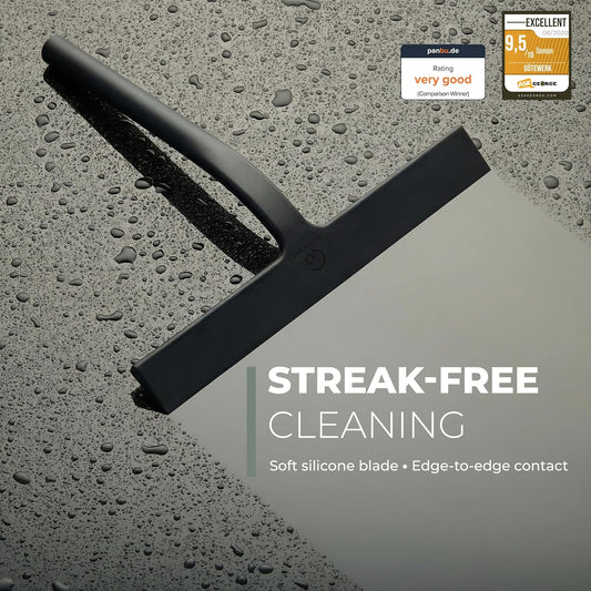 GÜTEWERK Silicone Shower Squeegee for Glass Doors & Mirrors with Stainless Steel Core, Streak-Free & No-Squeak Window Cleaning, 3-in-1 No-Drill Mount (Hook/Suction/Adhesive),White, 9 Inches