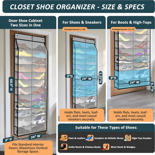 Kotkn 24-Pair Over Door Shoe Organizer for Family & Kids, Double Sided | Hanging Storage for Sneakers, Boots, Toys & Room Organization-Graphite Gray