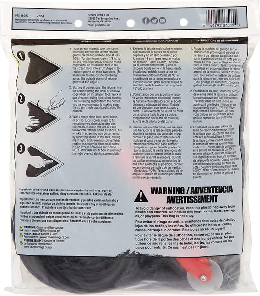 Prime-Line P 7515 Screen Door Repair Kit, 36 In. x 84 In. | Rolling Tool Included, Charcoal Fiberglass Screen Cloth, Black Spline, For Windows or Patio Doors