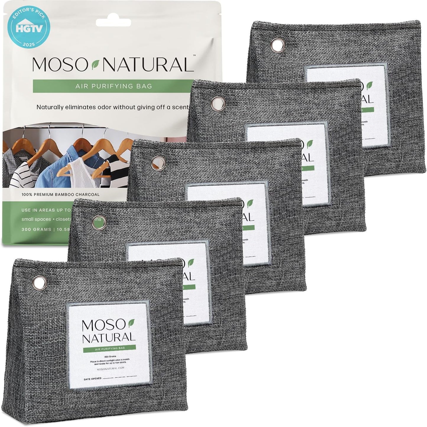Moso Natural Air Purifying Bag 300g (2 Pack) Premium Charcoal Odor Absorber & Deodorizer for Closets, Bathrooms & Small Spaces — Lasts 2 Years, Pet Odor Eliminator for Home, Unscented Bamboo Charcoal