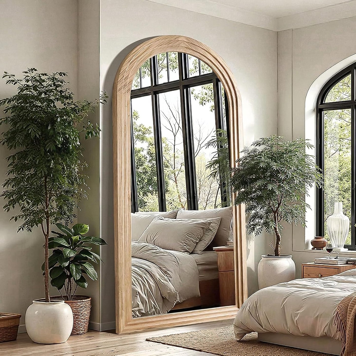 Delma Arched Full Length Floor Mirror with Stand, 75x35 Rustic Farmhouse Solid Wood Frame Wall Mirror for Bedroom, Living Room, Vertical Hanging & Standing(Brown)