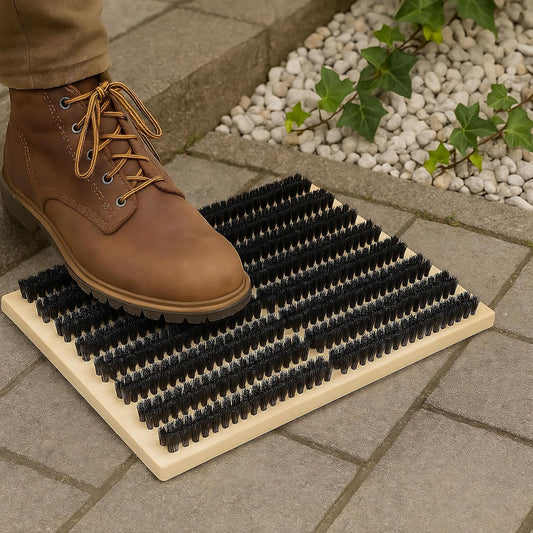 Relaxdays Shoe Scraper, Non-Slip Base, Sturdy PP bristles, Indoor & Outdoor use, Brush mat, Wood, Natural, Plastic, Iron, 4.5 x 59 x 36 cm