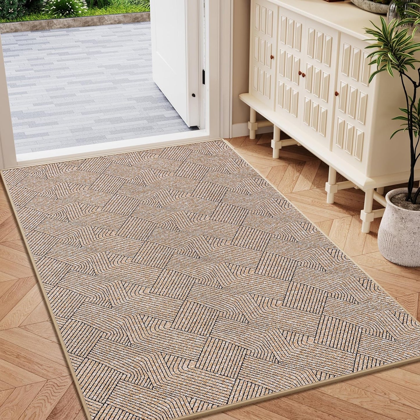 Indoor Door Mat 17"x30", Low-Profile Thin Welcome Front Door Mat Indoor Entrance, Non Slip Rubber Backing Inside Doormat Washable Entryway Dirt Resistant & Absorbent Entry Mat, Light-Brown